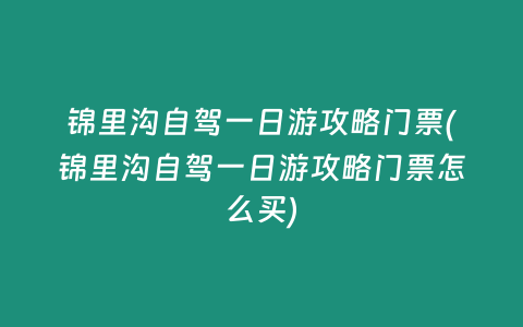 锦里沟自驾一日游攻略门票(锦里沟自驾一日游攻略门票怎么买)